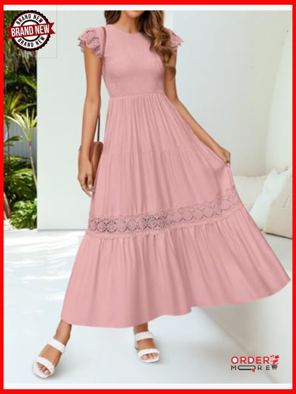 Flowy Midi Dress with Flutter Sleeves and Smocked Waist - Picture 2 of 7